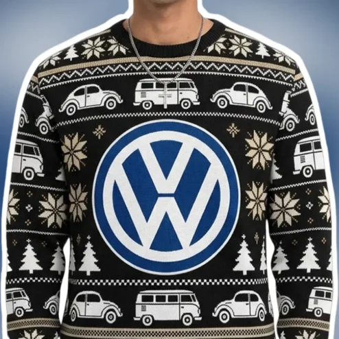 Volkswagen Ugly Christmas Sweater Classic Beetle VW Logo Knit Holiday Gift for Car Enthusiasts
