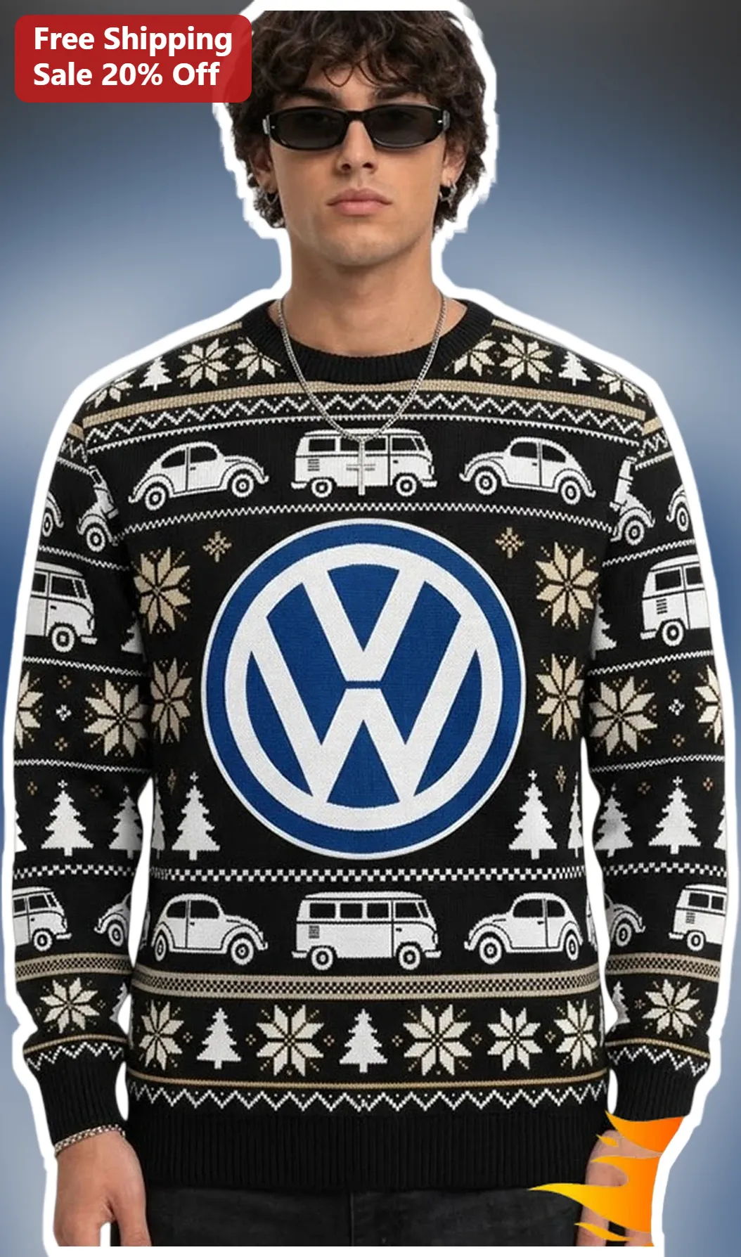 Volkswagen Ugly Christmas Sweater Classic Beetle VW Logo Knit Holiday Gift for Car Enthusiasts