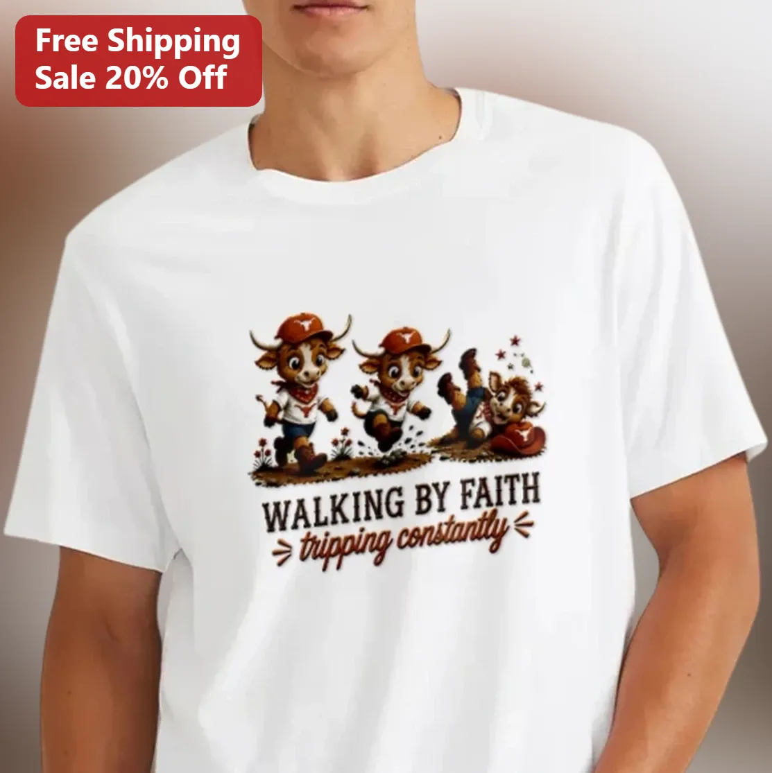 Walking By Faith Tripping Constantly Tee, Funny Christian Cow Shirt, Texas Longhorn Faith Gift for Her