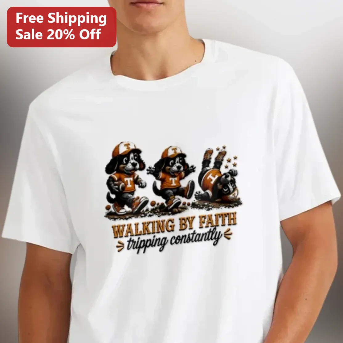 Walking By Faith Tripping Constantly Tee, Funny Christian Puppy Gift for Dog Lovers