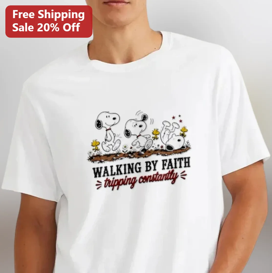 Walking By Faith Tripping Constantly Tee, Snoopy And Woodstock Funny Christian Shirt Gift For Peanuts Fans