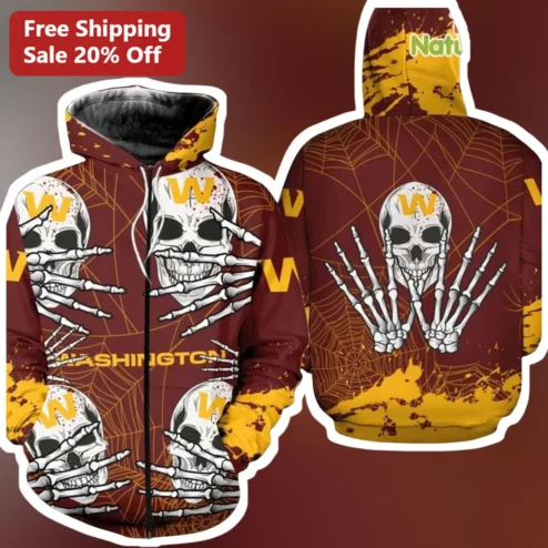 Washington Halloween Skull Zip Up Hoodie Spooky Team Spirit Apparel