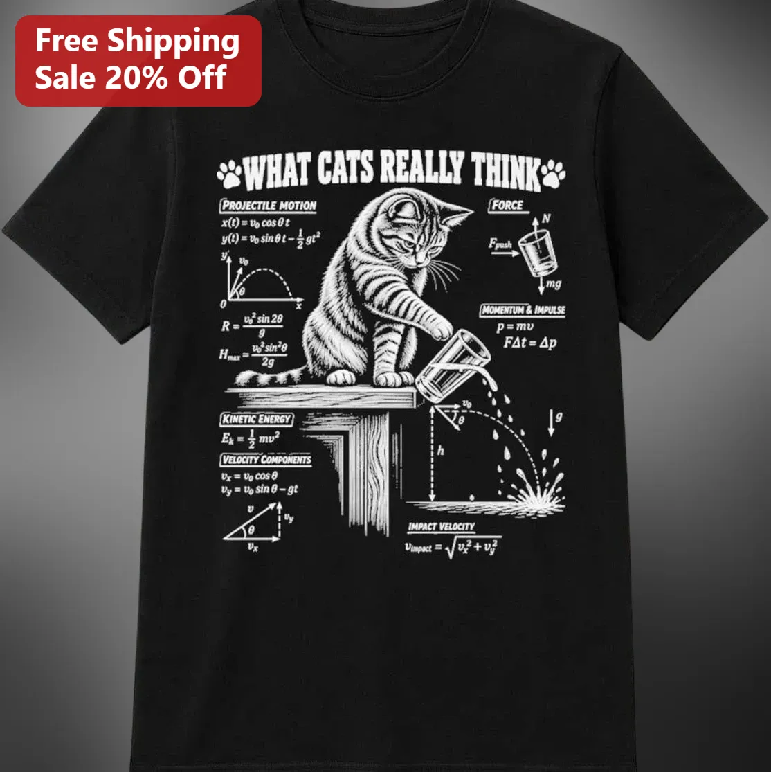 What Cats Really Think Tee, Funny Cat Physics Shirt, Cat Knocking Glass Off Table Science Humor Gift for Cat Lovers and Physics Teachers