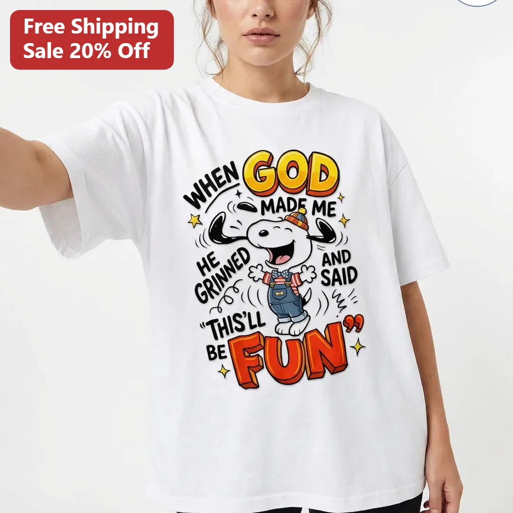 When God Made Me He Grinned And Said This'll Be Fun Snoopy Tee, Inspirational Christian Gift for Peanuts Fans