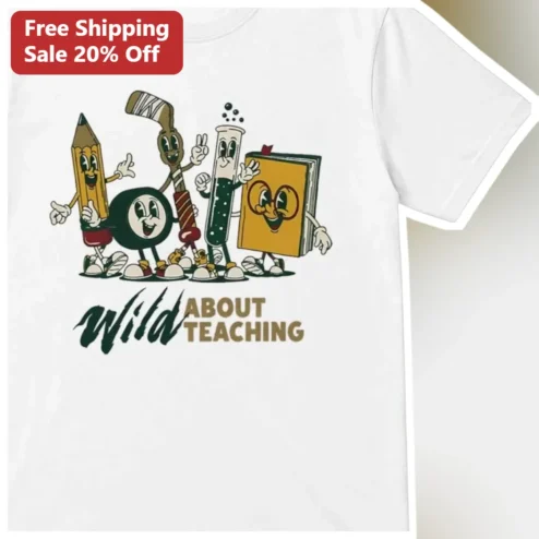 Wild About Teaching Vintage Cartoon School Supplies Graphic Tee for Teachers