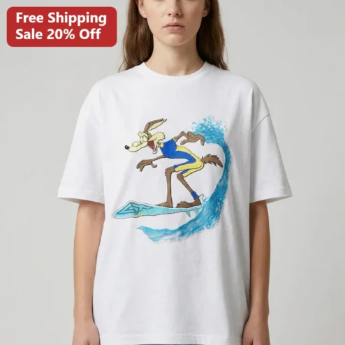 Wile E. Coyote Surfing Tee Looney Tunes Retro Cartoon Graphic Shirt Funny Beach Gift for Fans