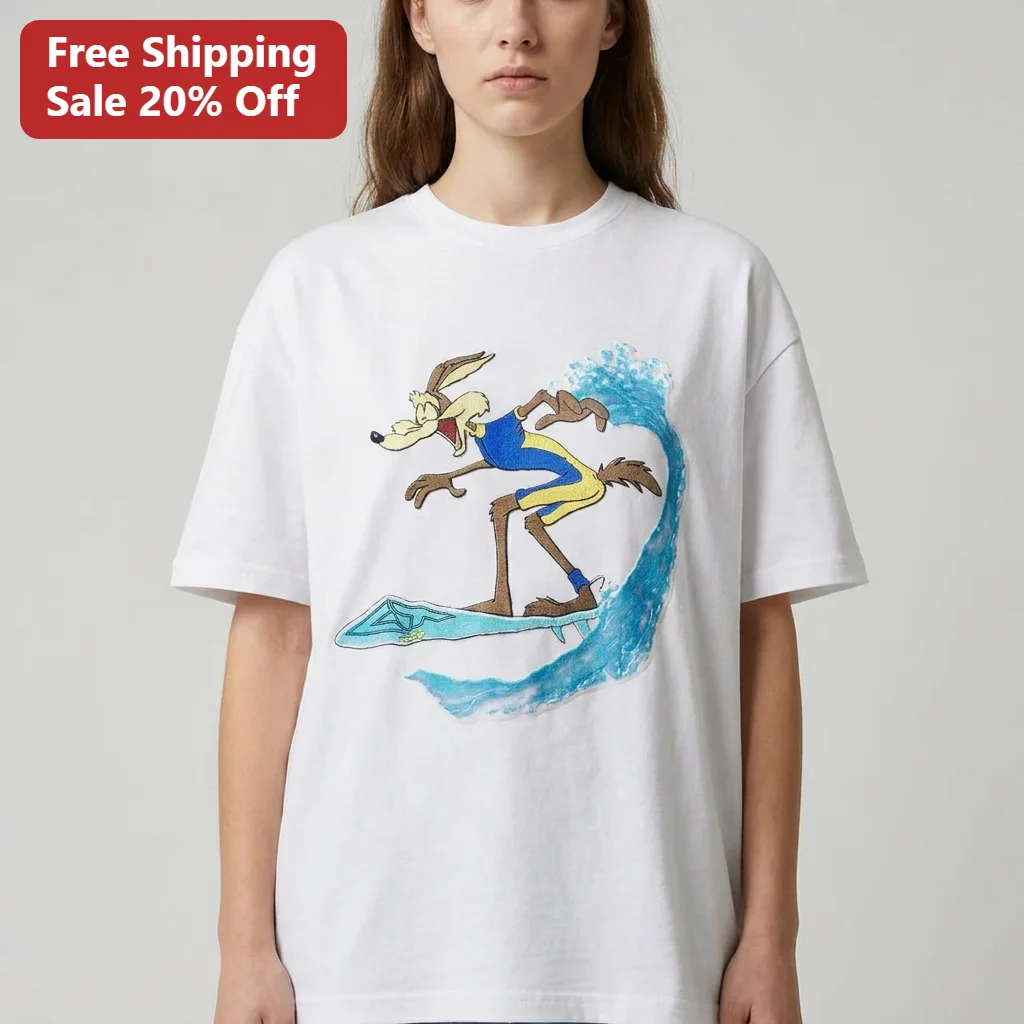 Wile E. Coyote Surfing Tee Looney Tunes Retro Cartoon Graphic Shirt Funny Beach Gift for Fans