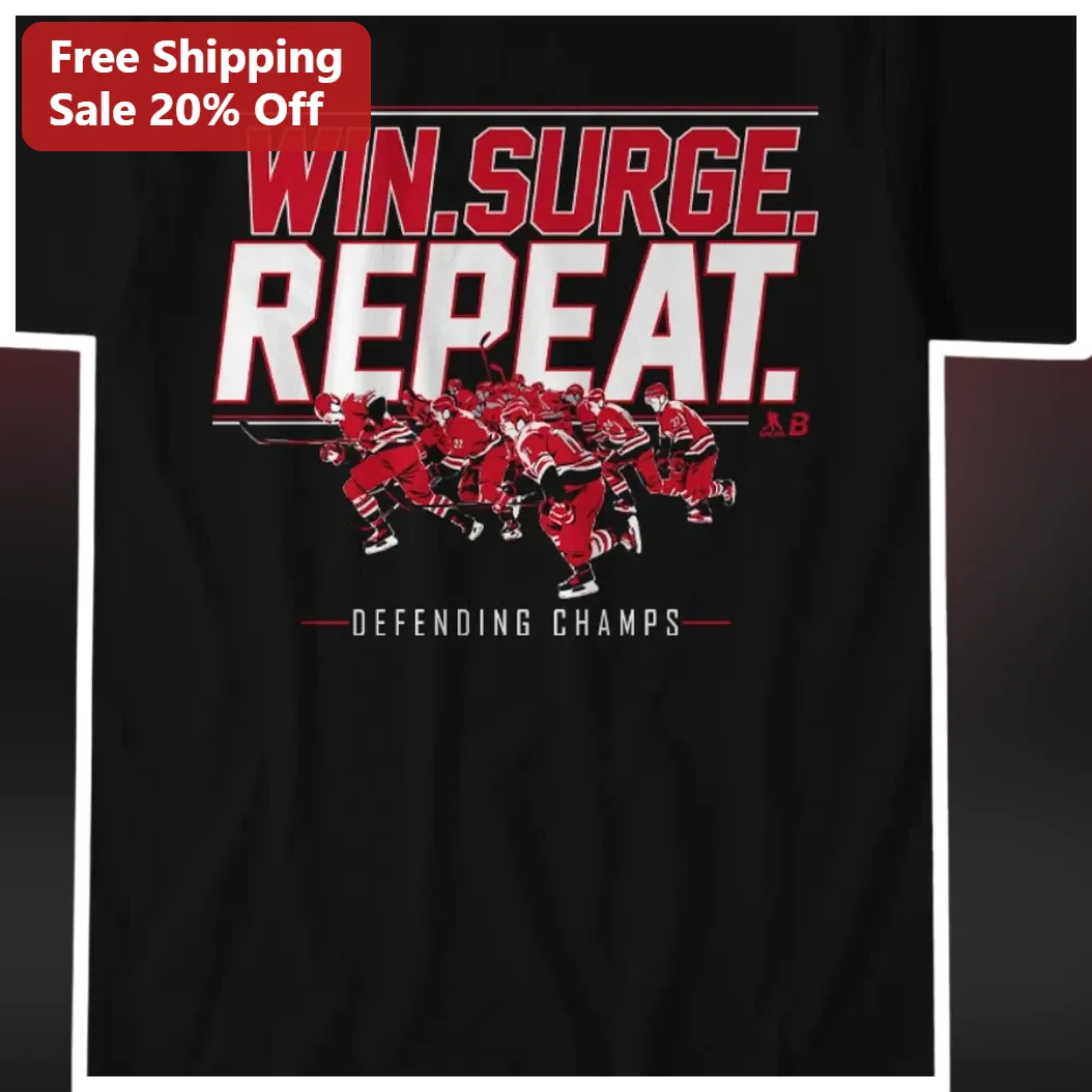 Win. Surge. Repeat. Defending Champs Hockey Tee Championship Celebration Apparel for Fans