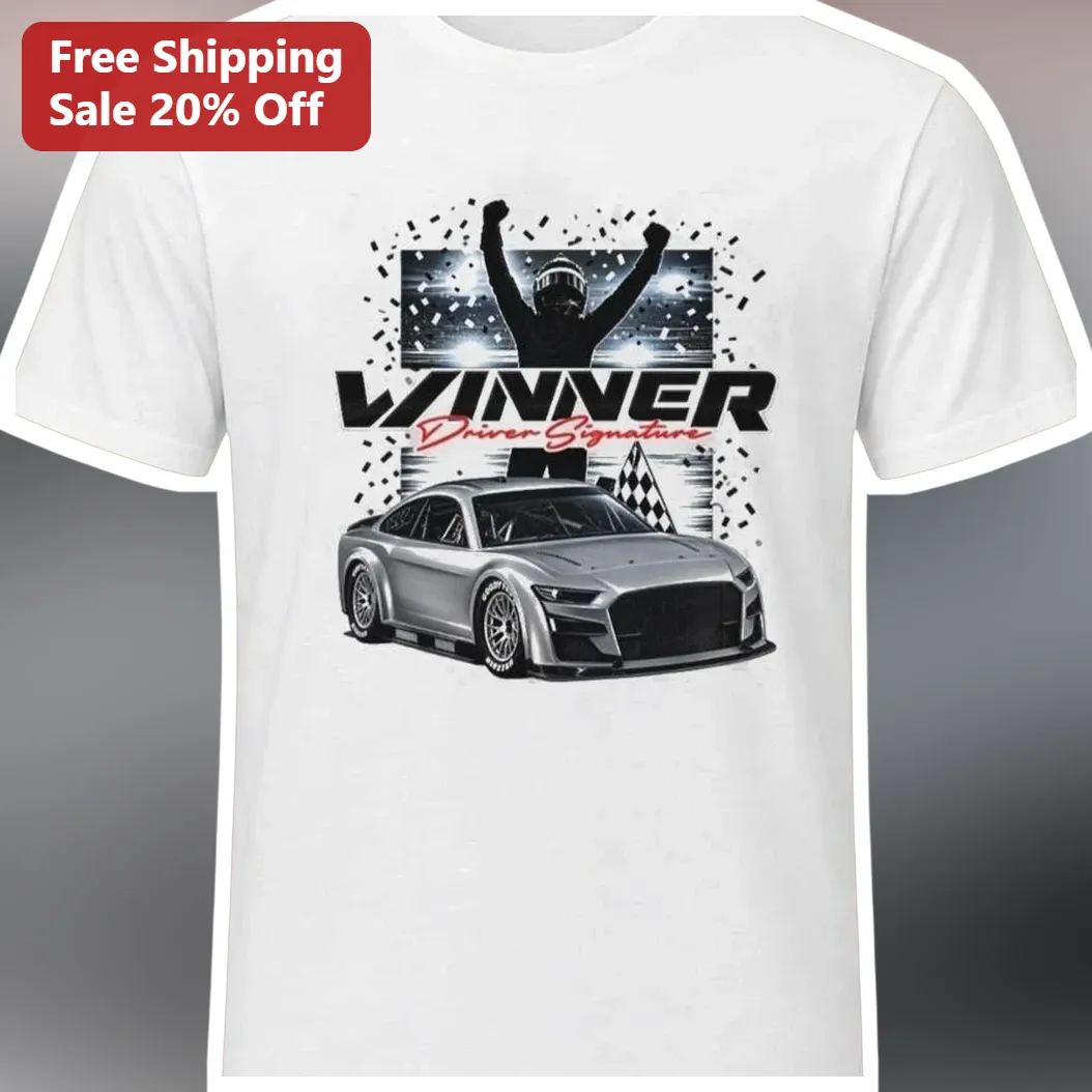 WINNER Driver Signature Race Car Champion Graphic Tee for Men Motorsport Fans