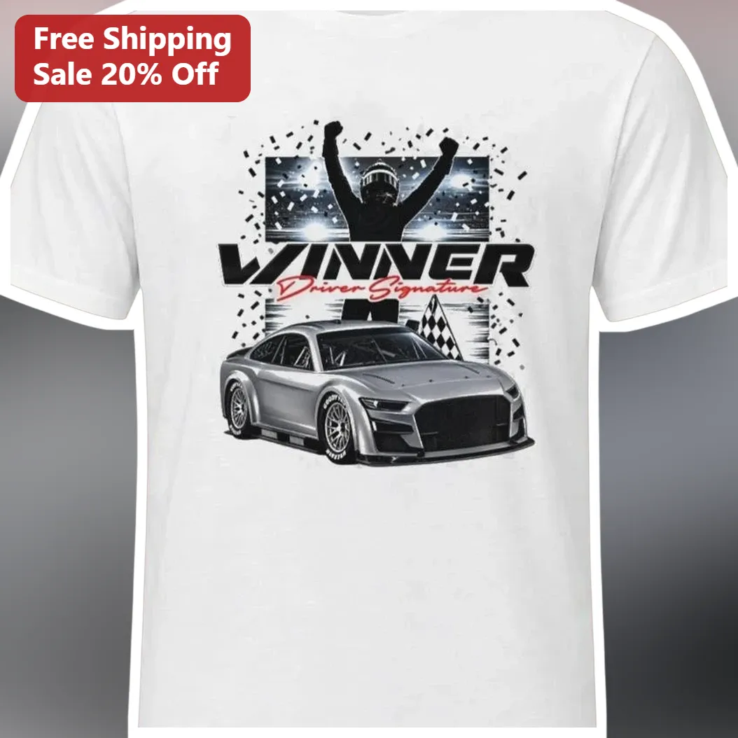WINNER Tee Race Car Driver Victory Celebration Graphic T-Shirt for Motorsport Fans