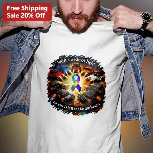 With a Circle of Light No One Is Left in the Darkness Jeep Awareness Rainbow Ribbon Graphic Tee