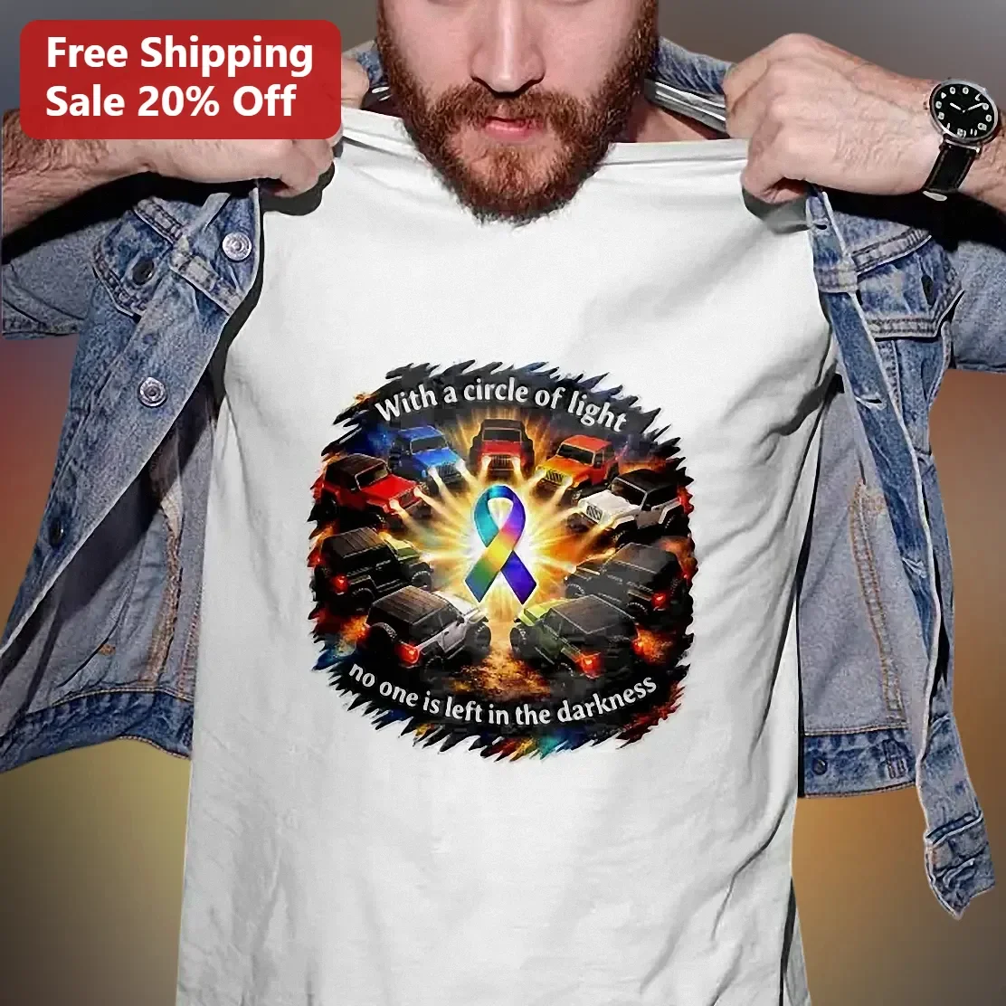 With a Circle of Light No One Is Left in the Darkness Jeep Awareness Rainbow Ribbon Graphic Tee