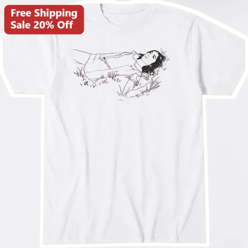 Woman Lying in Grass Line Art Tee Minimalist Nature Sketch Graphic Shirt for Women