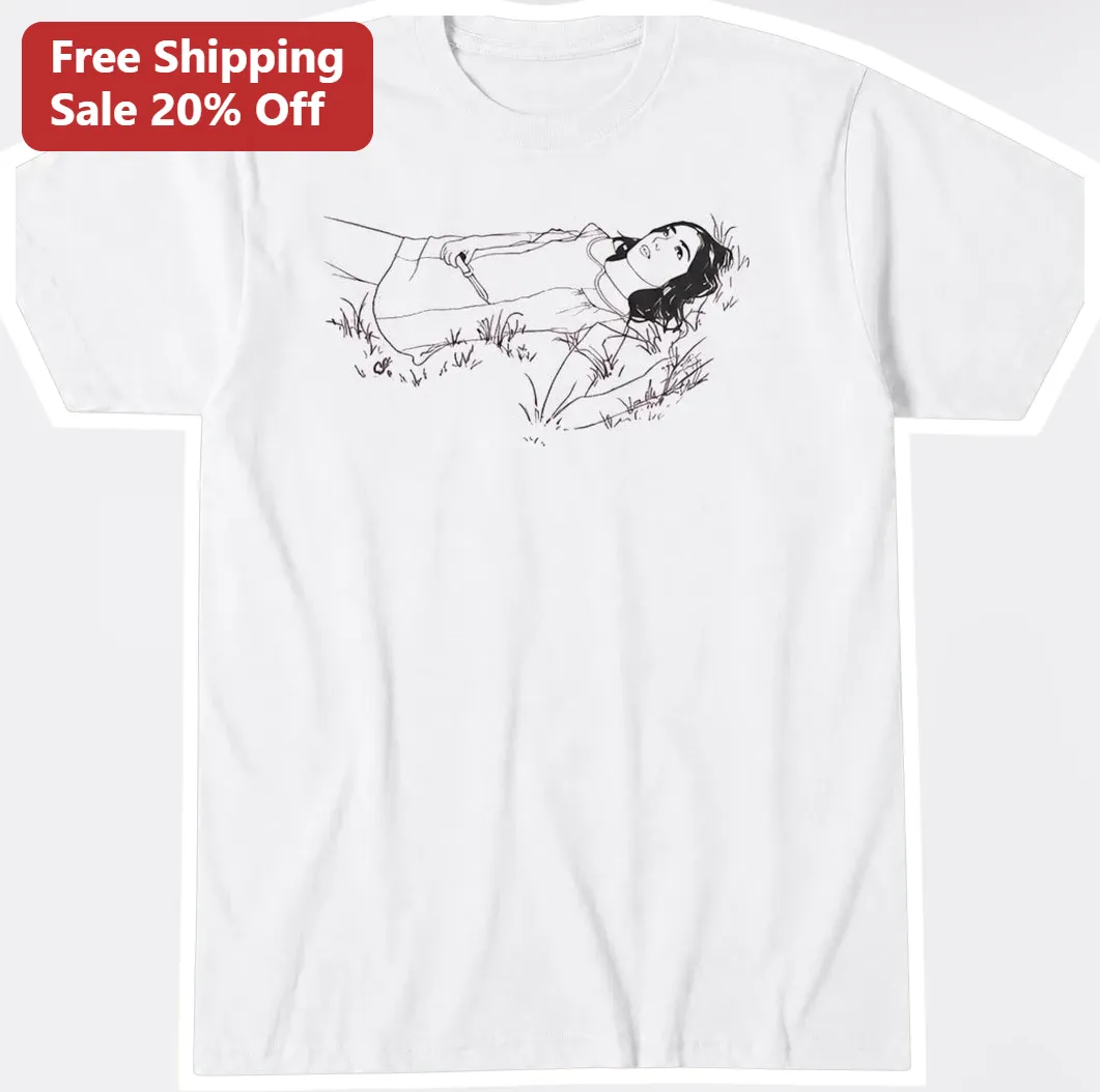 Woman Lying in Grass Line Art Tee Minimalist Nature Sketch Graphic Shirt for Women