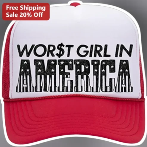 WOR$T GIRL IN AMERICA Trucker Hat Patriotic American Flag Design Women Gift
