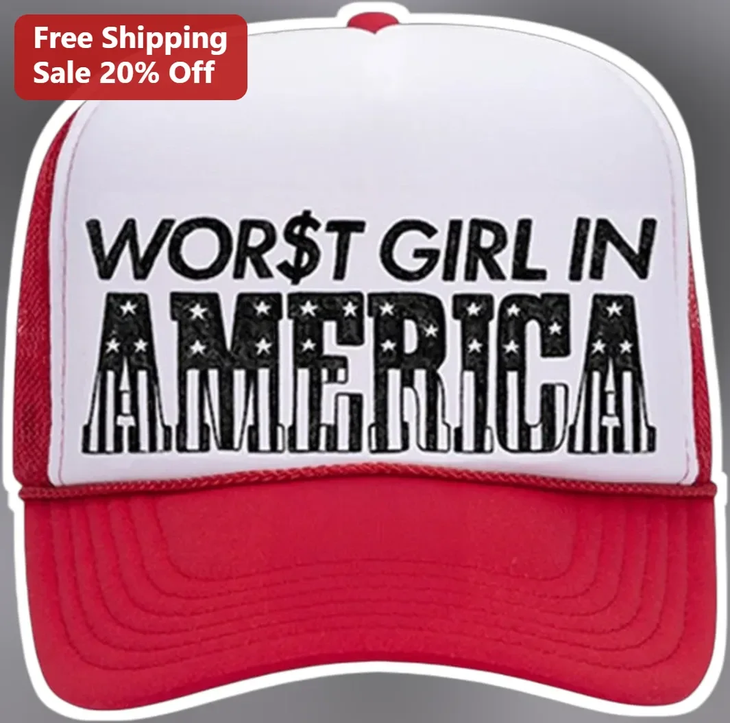 WOR$T GIRL IN AMERICA Trucker Hat Patriotic American Flag Design Women Gift