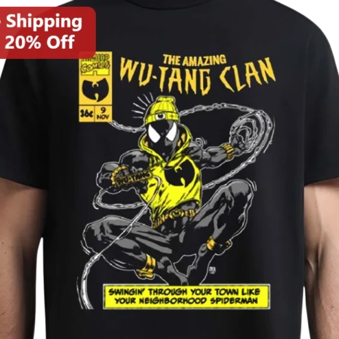 Wu-Tang Clan Spider-Man Parody Graphic Tee Vintage Comic Style Hip Hop Shirt
