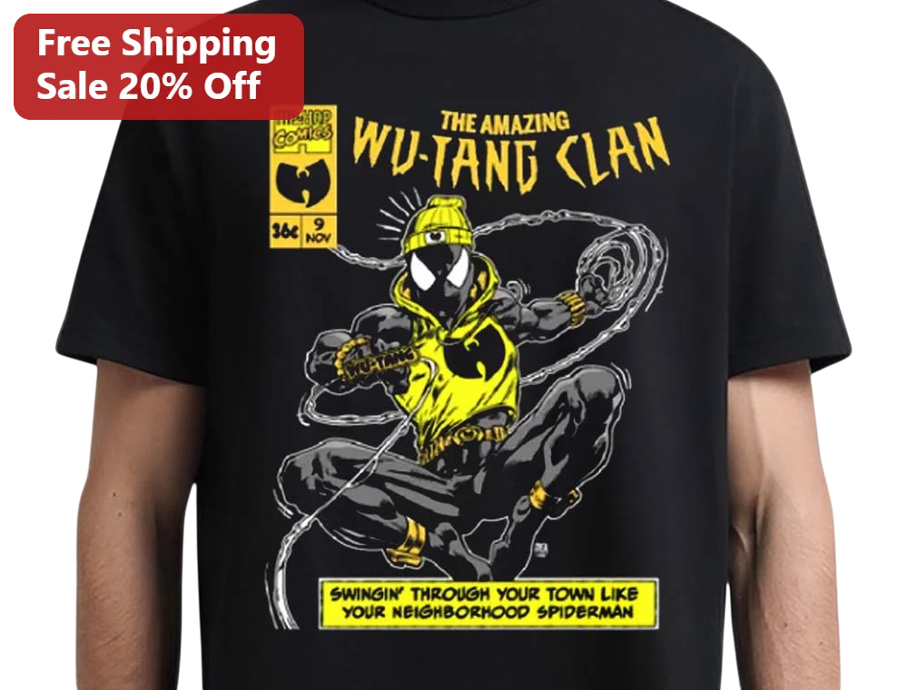 Wu-Tang Clan Spider-Man Parody Graphic Tee Vintage Comic Style Hip Hop Shirt