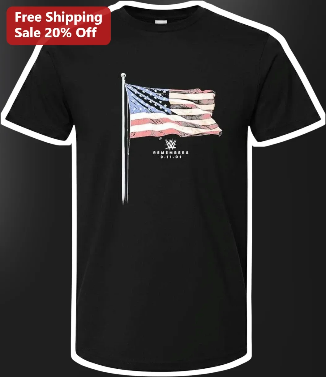 WWE Remembers 9.11.01 Tribute Tee Patriotic American Flag Graphic Shirt