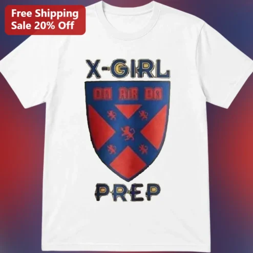 X-Girl Prep Tee Vintage Collegiate Crest Graphic Shirt for Women, Preppy 90s Streetwear Gift