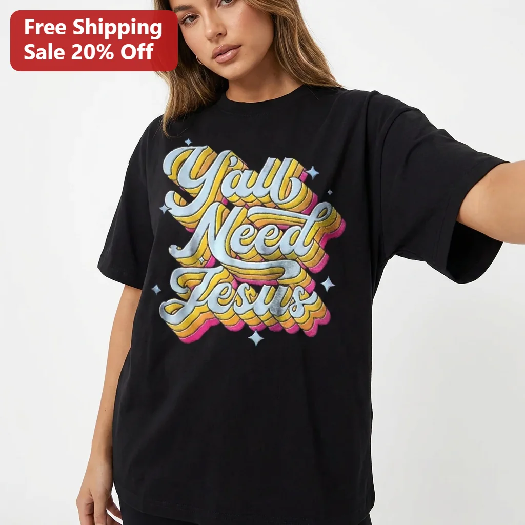 Y'all Need Jesus Retro Christian Tee, Vintage Faith Graphic Tee Gift for Women and Men