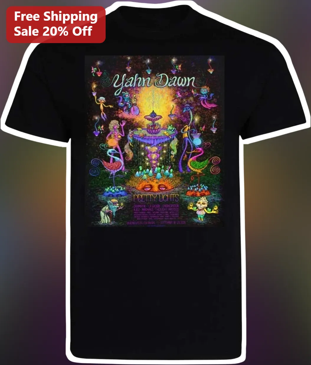 Yahn Dawn Pretty Lights Tee Psychedelic Neon Concert Poster Graphic T-Shirt for Ravers