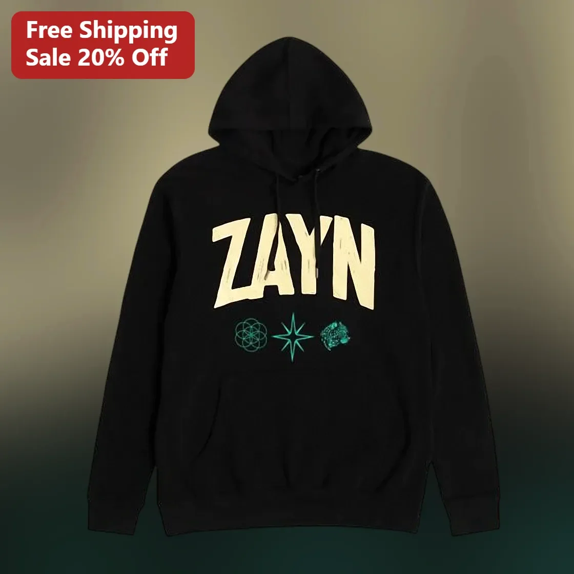 ZAYN Hoodie Black Pullover with Distressed Collegiate Lettering and Geometric Icons