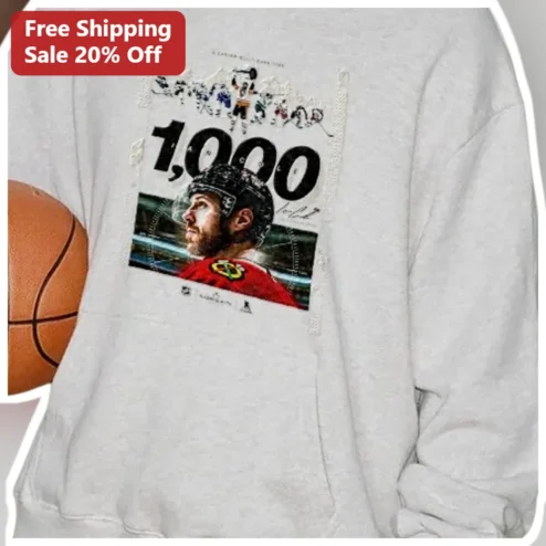 1,000 Jonathan Toews Signature Hockey Sweatshirt Chicago NHL Milestone Gift available at our Chicago, Illinois warehouse
