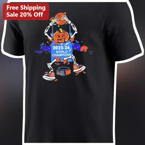 2025-26 World Champions Halloween Skeleton Slam Dunk Basketball Tee available at our Chicago, Illinois warehouse