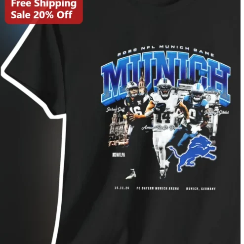 2026 NFL Munich Game Tee Detroit Lions Jared Goff Amon-Ra St. Brown Jahmyr Gibbs FC Bayern Arena Fan Shirt