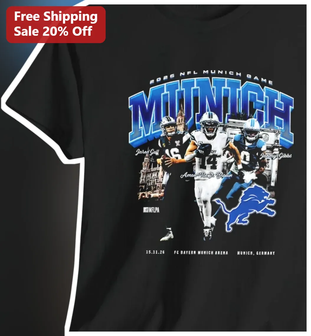 2026 NFL Munich Game Tee Detroit Lions Jared Goff Amon-Ra St. Brown Jahmyr Gibbs FC Bayern Arena Fan Shirt