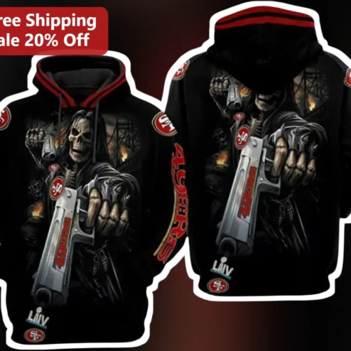 49ers Skeleton Print Hoodie San Francisco Football Fan Black Pullover