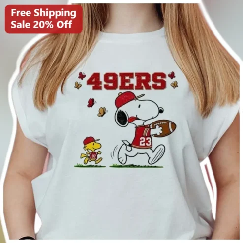 49ers Snoopy Woodstock Football Graphic Tee San Francisco NFL Fan Shirt