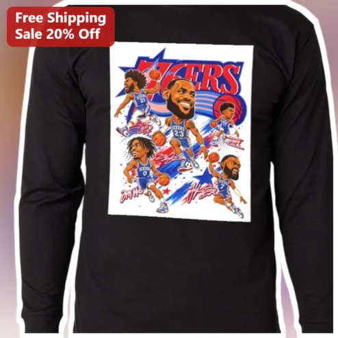 76ers Long Sleeve Tee Philadelphia Basketball Fans Joel Embiid James Harden Tyrese Maxey Caricature available at our Chicago, Illinois warehouse