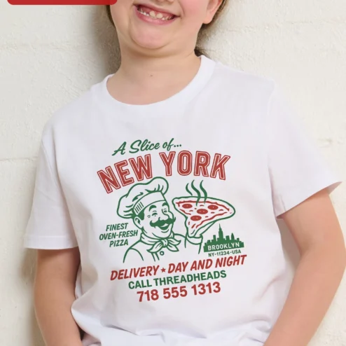 Customer in Chicago, Illinois wearing A Slice of New York Pizza Delivery Day and Night Kids Tee Retro Vintage Graphic Shirt
