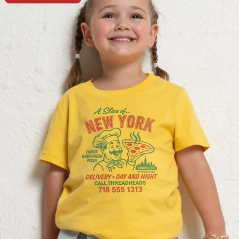 Close-up of A Slice of New York Pizza Delivery Day and Night Kids Tee Retro Vintage Graphic Shirt for streetwear fans in Chicago, Illinois