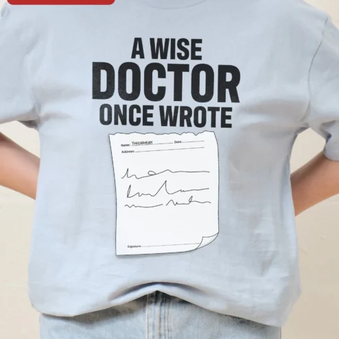 A Wise Doctor Once Wrote Tee Medical Humor Shirt for Doctors Nurses and Healthcare Workers on a hanger, ready to ship from Chicago, Illinois