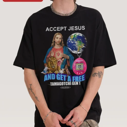 Accept Jesus And Get A Free Tamagotchi Gen 1 Christian Humor Tee Y2K Nostalgia Gift