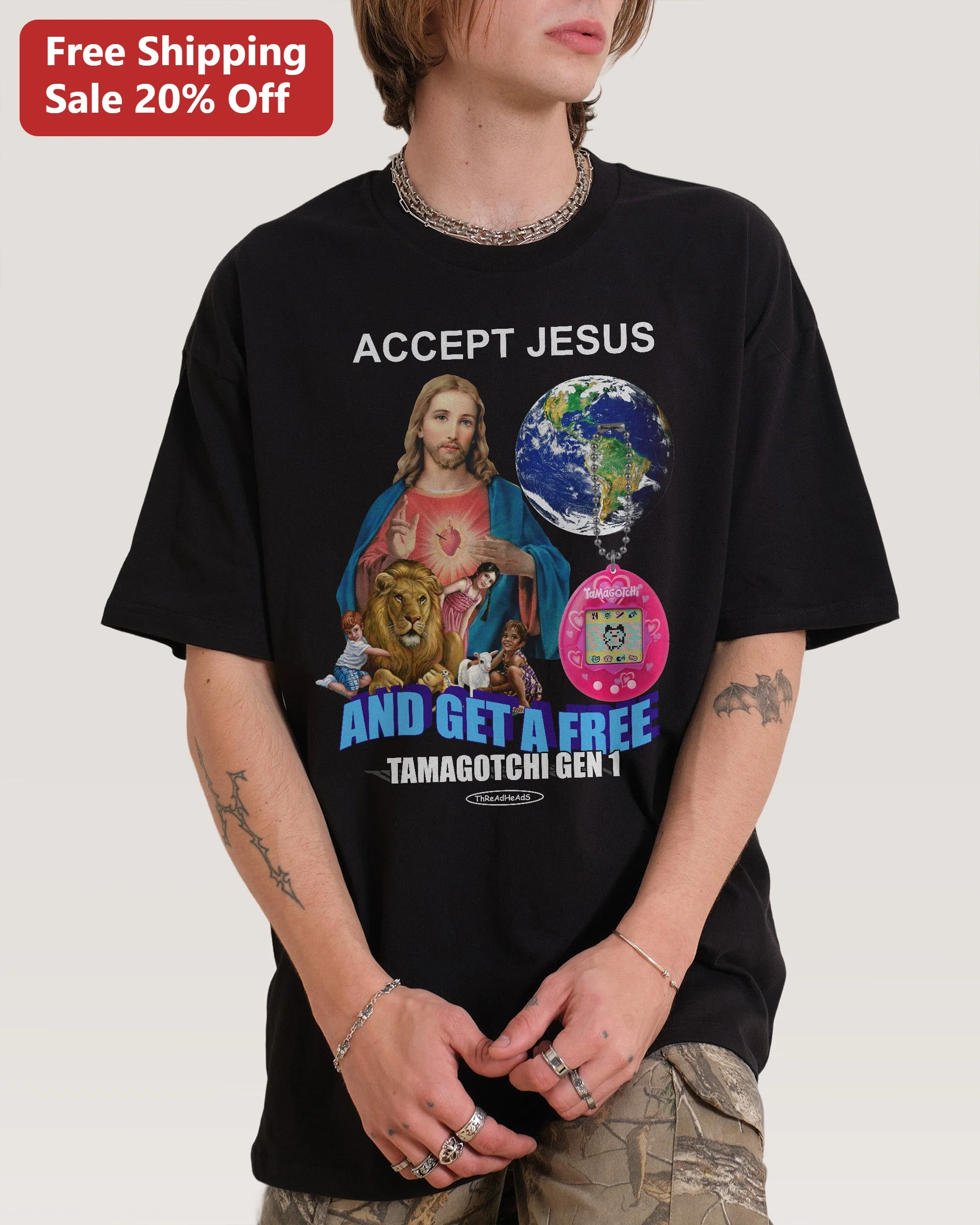 Accept Jesus And Get A Free Tamagotchi Gen 1 Christian Humor Tee Y2K Nostalgia Gift