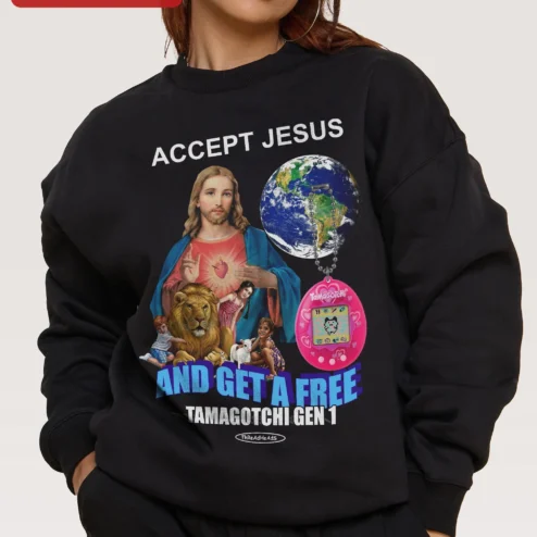 Accept Jesus And Get A Free Tamagotchi Gen 1 Sweatshirt Christian Humor Retro Meme Gift