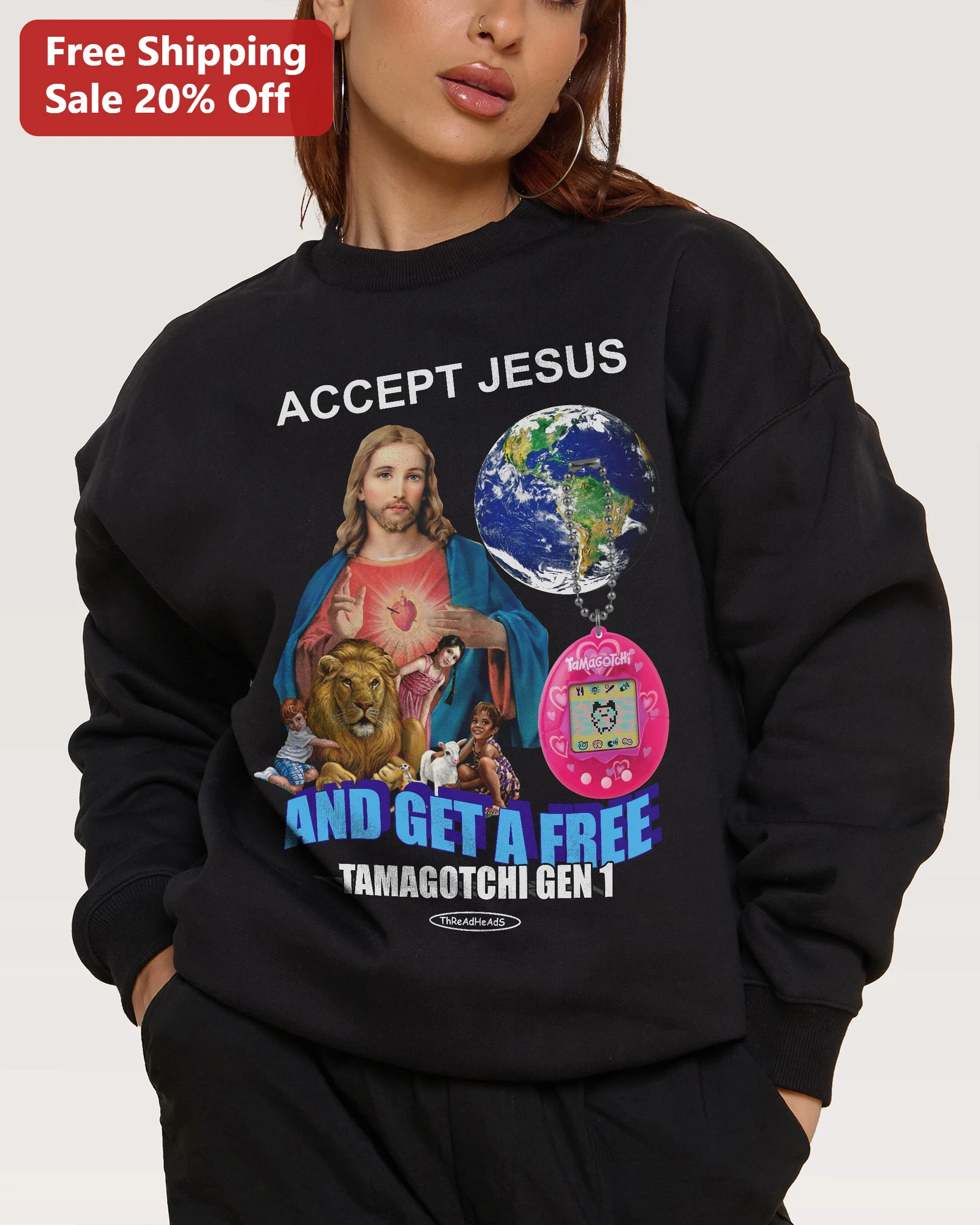 Accept Jesus And Get A Free Tamagotchi Gen 1 Sweatshirt Christian Humor Retro Meme Gift
