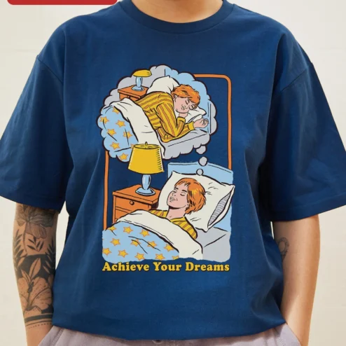 Achieve Your Dreams Tee Retro Motivational Sleep Illustration Graphic T-Shirt for Dreamers on a hanger, ready to ship from Chicago, Illinois