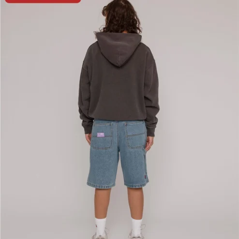 Customer in Chicago, Illinois wearing Acid Wash Hoodie Blank Vintage Distressed Grey Sweatshirt for Men Women Streetwear DIY Customization