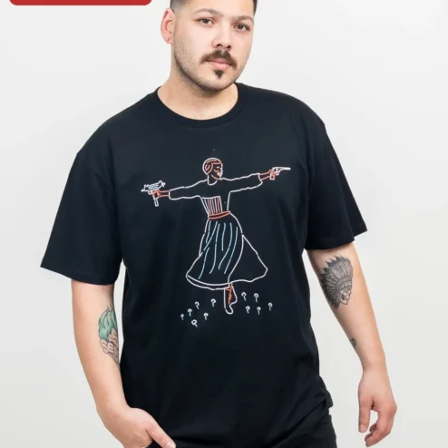 Adelita Pistolera Line Art Tee Mexican Revolution Soldadera Minimalist Folk Art Shirt on a hanger, ready to ship from Chicago, Illinois