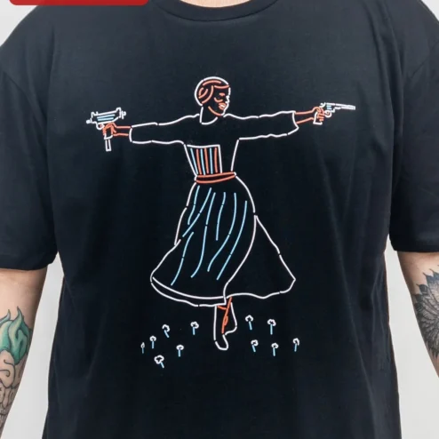 Close-up of Adelita Pistolera Line Art Tee Mexican Revolution Soldadera Minimalist Folk Art Shirt for streetwear fans in Chicago, Illinois