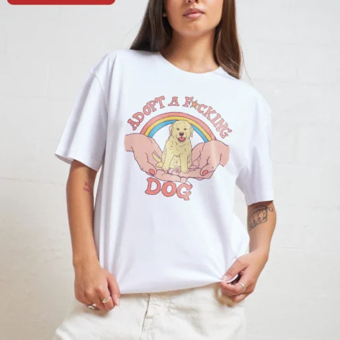 Adopt A F*cking Dog Retro Graphic Tee Funny Dog Lover Gift Vintage Style Shirt on a hanger, ready to ship from Chicago, Illinois