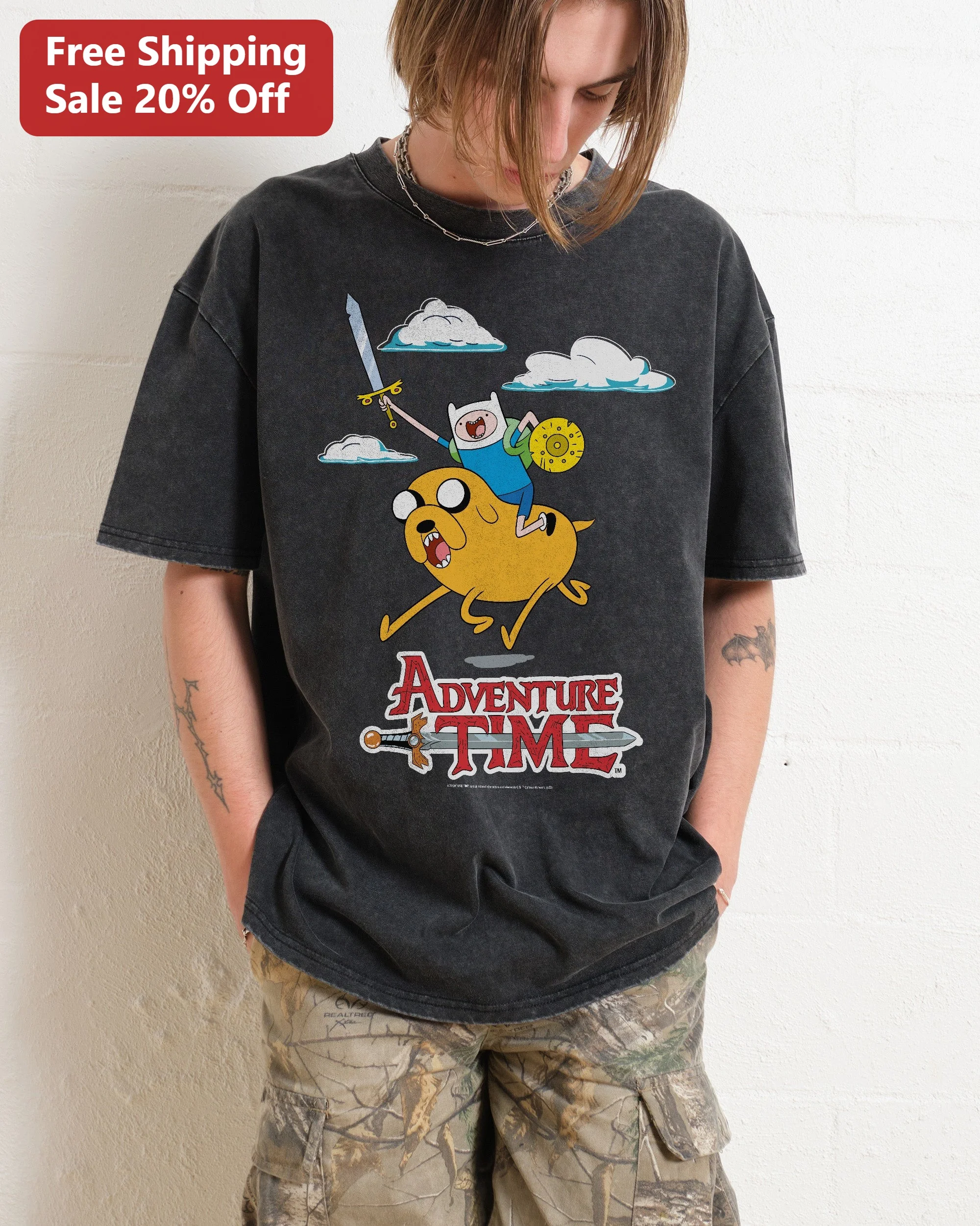 Adventure Time Finn and Jake Tee Vintage Acid Wash Cartoon Network Graphic Shirt