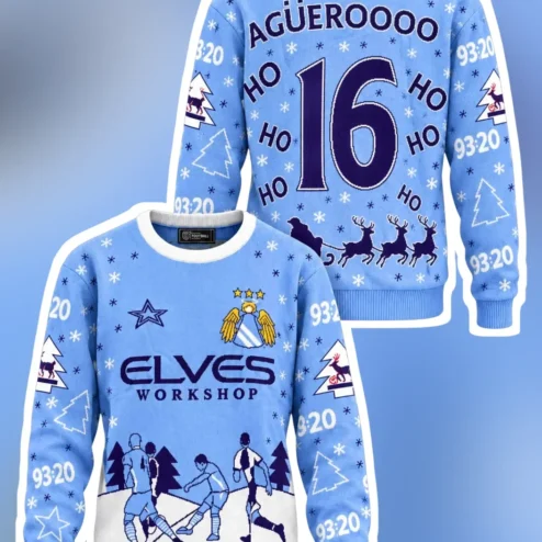 AGÜEROOOO Elves Workshop Sweatshirt Christmas Ugly Sweater Style Crewneck for Manchester City Fans available at our Chicago, Illinois warehouse