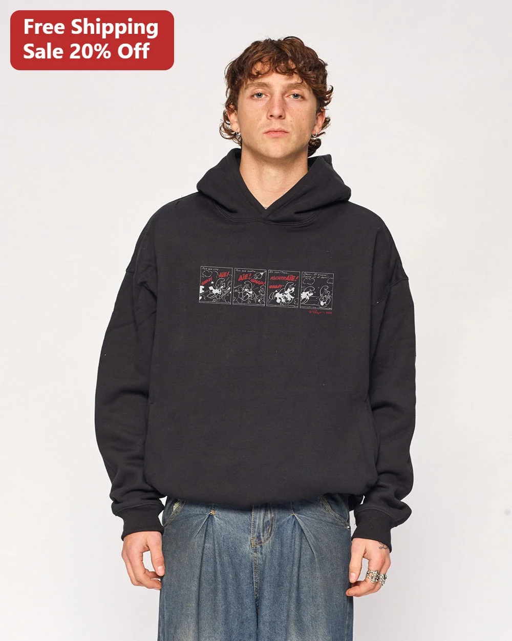 AIE! SNAP! Mickey Mouse Vintage Comic Hoodie Black Cotton Fleece Streetwear