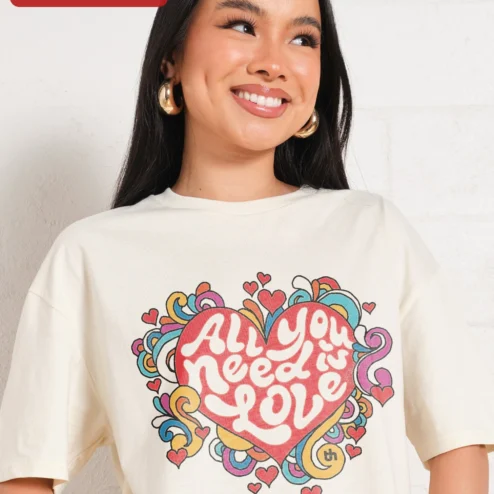 All You Need Is Love Retro Psychedelic Tee Beatles Inspired Hippie Graphic Shirt on a hanger, ready to ship from Chicago, Illinois